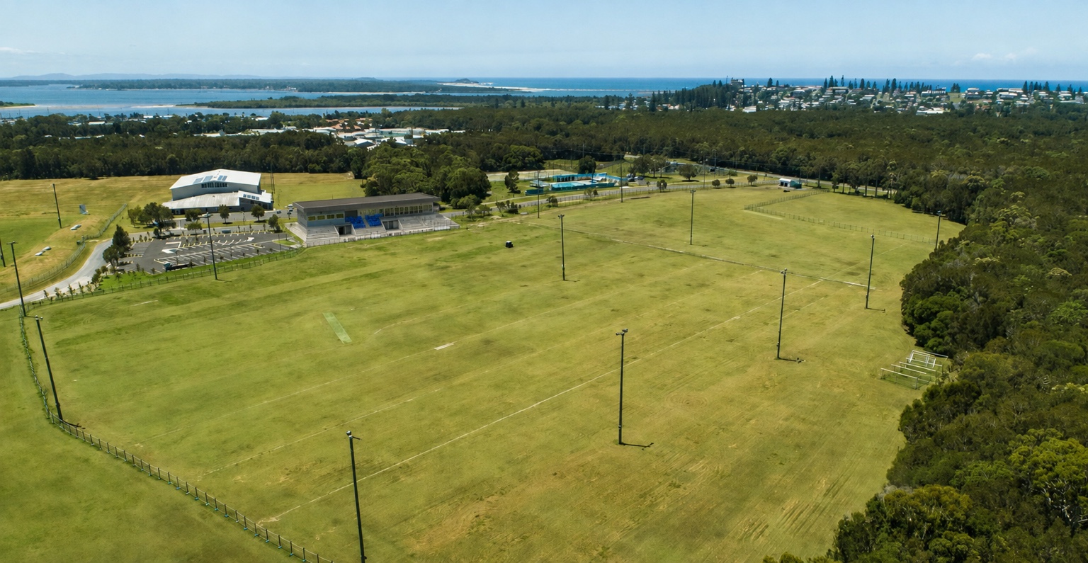 Aerial view of the Ngayundi Yamba Sports Complex with Yamba and the coastline beyond